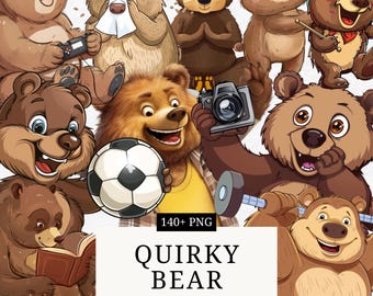 Clipart di orso divertente: animale del bosco stravagante PNG (download digitale)