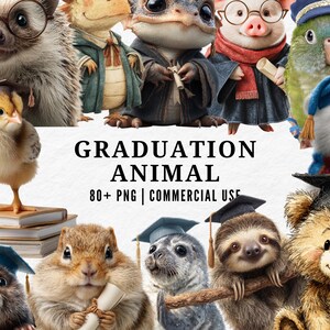 Graduation Animal Clipart, Cute Graduate PNG, Whimsical Animal Graduation Illustration, School Achievement, Cap and Gown, Smart Animal Set