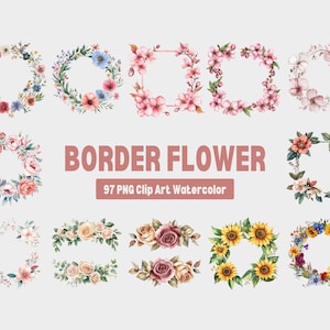 Floral Border Clipart, Watercolor Flower Frame, Elegant Botanical Clipart, Wedding Border PNG, Vintage Floral Frame, Decorative Floral Art