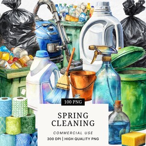 May include: Watercolor illustration featuring cleaning supplies and trash bags. Includes a blue vacuum cleaner, spray bottles, a broom, and a bucket. The image has the text "SPRING CLEANING".