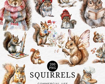 Conjunto de imágenes prediseñadas de ardillas, animales del bosque en acuarela PNG (descarga digital)