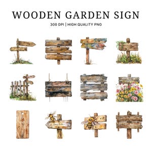 Rustic Wooden Garden Sign Clipart: Farmhouse Style PNG Set