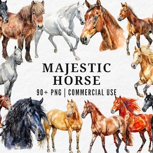 Majestic Horse Clipart, Watercolor Horse PNG, Elegant Animal Illustration, Whimsical Equestrian Art, Noble Stallion, Fantasy Horse Set