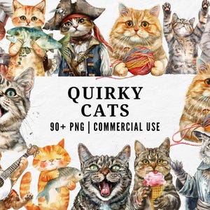 Quirky Cats Clipart, Watercolor Funny Cat PNG, Whimsical Kitty Illustration, Cute Feline Art, Playful Quirky Cat, Adorable Cat Lover Set