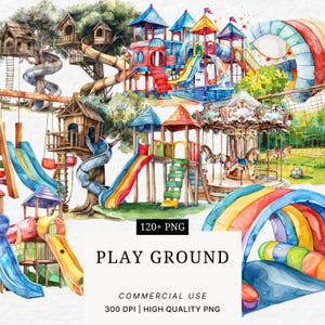 Könnte beinhalten: Aquarellillustrationen verschiedener Spielplatzelemente, darunter Rutschen, Baumhäuser und ein Karussell. Das Bild zeigt eine lebendige Farbpalette mit Rot, Blau, Gelb und Grün. Der Text auf dem Bild lautet "PLAY GROUND" und "120+ PNG".