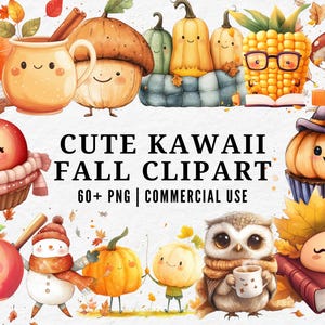 Cute Kawaii Fall Clipart, Autumn PNG Elements, Cozy Season Illustration, Pumpkin & Leaves Art, Adorable Fall Decor, Pastel Autumn Clip Art