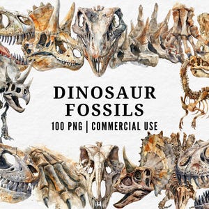 Könnte beinhalten: Aquarellillustration verschiedener Dinosaurierfossilien, darunter Schädel und Skelette. Das Bild zeigt eine Vielzahl von Farben, darunter Braun, Beige und Weiß. Der Text lautet "DINOSAUR FOSSILS 100 PNG | COMMERCIAL USE."