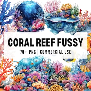 Coral Reef Clipart, Watercolor Ocean PNG, Fussy Coral Illustration, Underwater Scene Clipart, Sea Life Elements, Tropical Art, Marine Decor