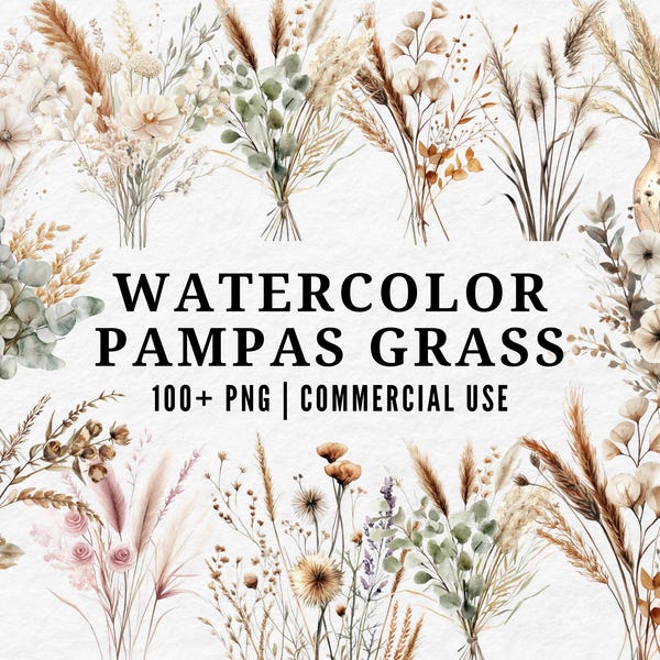 Boho Pampas Grass Clipart: Neutral Botanical Illustration (Digital Download))