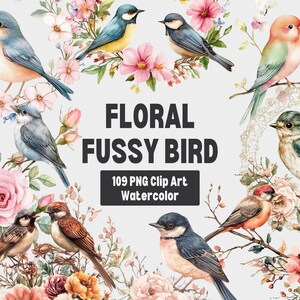 Floral Fussy Bird Clipart, Watercolor Bird Clipart, Vintage Bird Clipart, Botanical Bird Clipart, Floral Animal, Nature Clipart, Bird Art