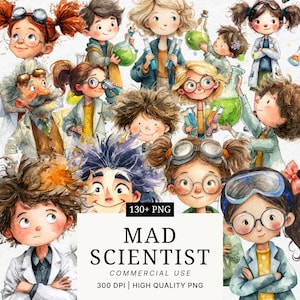 May include: Watercolor illustration featuring multiple cartoon scientists, some with goggles and lab coats, holding beakers and test tubes. The image includes the text "MAD SCIENTIST" and "130+ PNG".