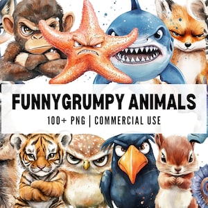 Funny Grumpy Animals Clipart, Moody Animal PNG, Cute Angry Animals, Sarcastic Animal Art, Whimsical Wildlife Clipart, Cartoon Animal Faces