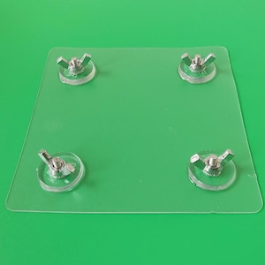 May include: A clear, rectangular plastic sheet with four silver wing nuts attached. The wing nuts are evenly spaced on the sheet, which is set against a green background. The wing nuts are attached to clear, circular bases.