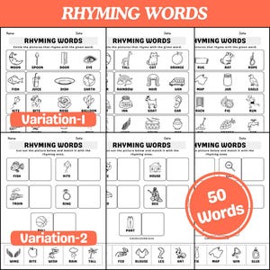 May include: Black and white educational worksheets with the title "Rhyming Words". The worksheets feature illustrations and prompts for matching rhyming words. Includes the text "Variation-1", "Variation-2", and "50 Words".