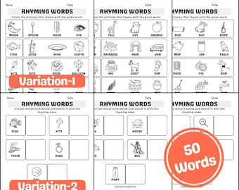 Pode incluir: Folhas de trabalho educacionais em preto e branco com o título "Rhyming Words". As folhas de trabalho apresentam ilustrações e instruções para combinar palavras que rimam. Inclui o texto "Variation-1", "Variation-2" e "50 Words".
