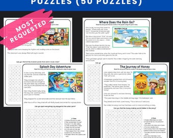 May include: A set of story-based word search puzzles, each with a different theme and colourful illustrations. The text "MOST REQUESTED" is visible on the top left. The puzzles are designed for children and include themes like "Splash Day Adventure" and "The Journey of Honey".