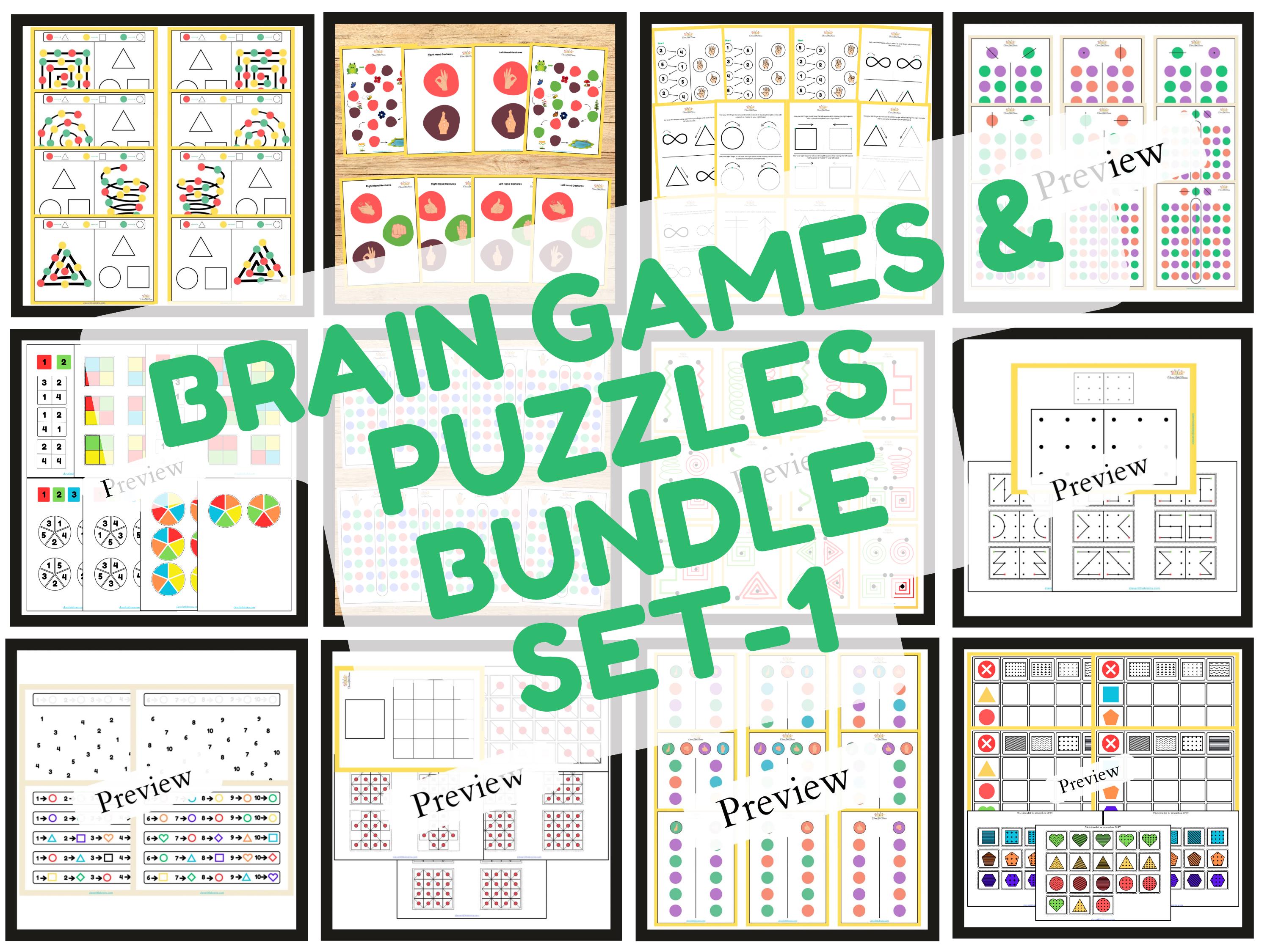 Brain Games & Logical Puzzles Bundle SET-1 | 25 Templates Set | Hand-Eye Coordination Exercise Worksheets For Kids | Bilateral Development