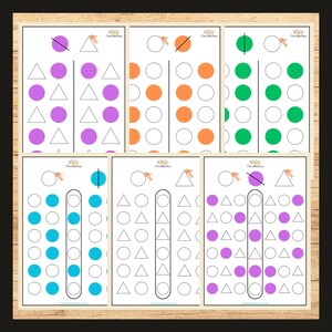 May include: A printable worksheet with six different pages for tracing circles and triangles. Each page has a different color scheme, including purple, orange, green, blue, and light pink.