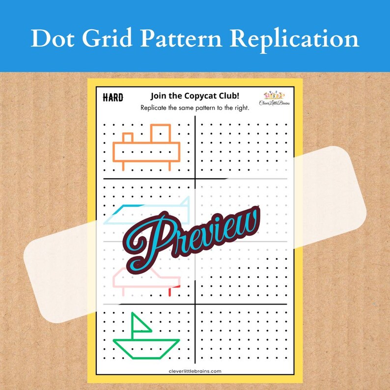 May include: A printable worksheet with a dot grid pattern replication activity. The worksheet has the text "Join the Copycat Club!" and "Replicate the same pattern to the right." The worksheet has four sections with different shapes to replicate. The shapes are a house, a boat, a car, and a plane.