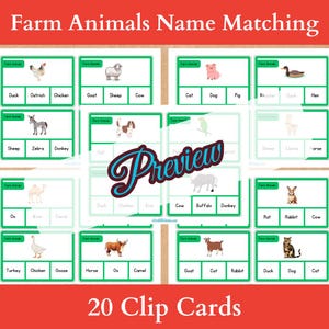May include: A set of 20 green clip cards with images of farm animals and their names. The cards are designed for matching games and educational activities.