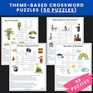 Themed Crossword Puzzles for Kids | 50 Printable Vocabulary & Spelling Games | Educational Word Activity Sheets PDF | Puzzle Games