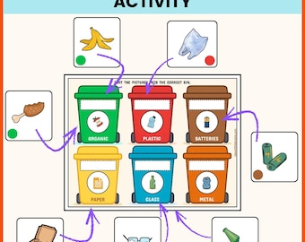 Recycling-sorteeractiviteit voor kinderen | Afvalsortering voorschoolse opvang | Dag van de aarde | Prullenbak matchen (pdf-afdrukbare bestanden)