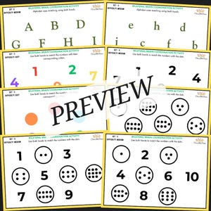 May include: Five printable worksheets for bilateral brain coordination activities. Each worksheet features a different set of numbers and dots. The first worksheet has the letters A, B, D, G, F, H, and I. The second worksheet has the letters e, h, d, i, c, f, and b. The third worksheet has the numbers 4, 1, 2, and 7. The fourth worksheet has the numbers 7, 1, 2, and 4. The fifth worksheet has the numbers 1, 3, 5, 7, and 9 with corresponding dots.