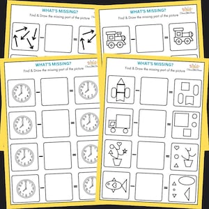 May include: A black and white worksheet with the words "What's Missing?" at the top of each page. The worksheet has several images with missing parts that need to be drawn in. The images include arrows, a train, a clock, a rocket, a truck, a cactus, and a fish.