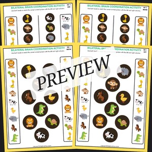 May include: Four printable worksheets for kids to practice bilateral brain coordination. Each worksheet features a different difficulty level: easy, medium, and hard. The worksheets feature various animal illustrations, including a giraffe, monkey, turtle, lion, and hippo.