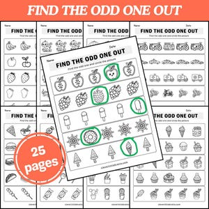 Peut inclure: Plusieurs pages d'activités en noir et blanc "Trouvez l'intrus". Les pages présentent des illustrations d'objets tels que des fruits, des véhicules et des desserts. Le texte "FIND THE ODD ONE OUT" est en haut de chaque page. L'image comprend également un cercle avec le texte "25 pages".