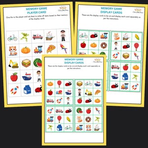 Puede incluir: Un juego de memoria imprimible para niños con imágenes coloridas de una manzana roja, una rana verde, una mariquita roja, una calabaza amarilla, un camión de bomberos rojo, un barco azul, una caja de leche blanca, un zorro marrón, un vehículo de construcción amarillo, un cohete rojo, una bicicleta azul, un gato marrón, un globo aerostático amarillo, un sándwich marrón, una pizza roja, un barco azul y blanco, un periquito rojo y azul y un médico.