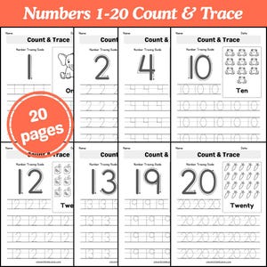 May include: A workbook with the title "Numbers 1-20 Count & Trace" features pages with numbers 1-20, tracing guides, and illustrations. The cover has a circular orange graphic with the text "20 pages".