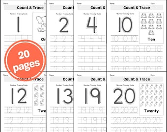 1-20 Number Tracing & Picture Counting Worksheets: PreK-Kindergarten Math (PDF Printables)