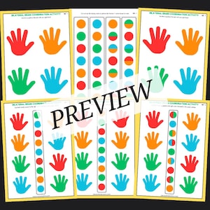 Puede incluir: Una hoja de trabajo imprimible para que los niños practiquen la coordinación bilateral del cerebro. La hoja de trabajo presenta una serie de contornos de manos en rojo, naranja, verde y azul, con círculos de los mismos colores para que coincidan. El texto "BILATERAL BRAIN COORDINATION ACTIVITY" está en la parte superior de la página.