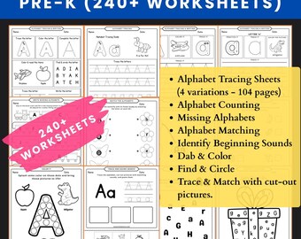 Alphabet Worksheet Bundle for Pre-K – 240+ Printable Pages | Tracing, Matching, Sounds, ABC Activities for Preschool & Kindergarten