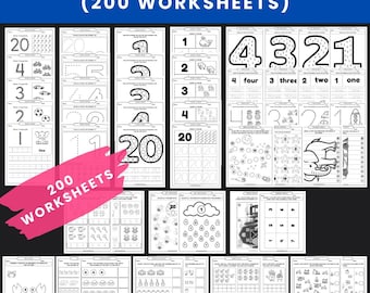 Pre-K Mathe-Arbeitsblätter Bundle - 200 druckbare PDF | Zahlenverfolgung, Zählen, Punkt-zu-Punkt, Puzzles & praktische Aktivitäten | 1-20