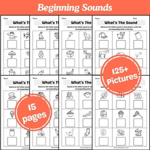 May include: A set of black and white educational worksheets titled "Beginning Sounds." The worksheets feature illustrations and fill-in-the-blank exercises to identify initial sounds. The image includes a circle that says "125+ Pictures" and another that says "15 pages."
