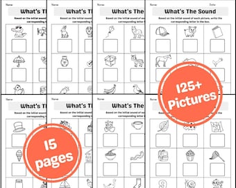 Può includere: Una serie di fogli di lavoro didattici in bianco e nero intitolati "Beginning Sounds". I fogli di lavoro presentano illustrazioni ed esercizi a completamento per identificare i suoni iniziali. L'immagine include un cerchio che dice "125+ Pictures" e un altro che dice "15 pages".