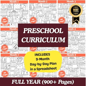 Könnte beinhalten: Ein Vorschullehrplan mit über 900 Seiten, einschließlich eines 9-Monats-Tagesplans. Das Cover zeigt den Text "Vorschullehrplan" und enthält Arbeitsblätter für jeden Monat. Das Bild hat ein "Best Choice"-Abzeichen.