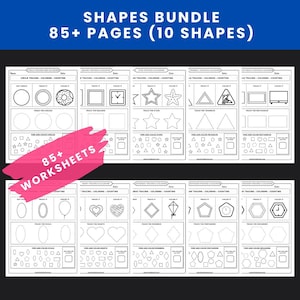 Może przedstawiać: Zestaw ponad 85 arkuszy do nauki kształtów. Arkusze zawierają ćwiczenia z zakresu śledzenia, kolorowania i liczenia dla różnych kształtów, takich jak koła, kwadraty, gwiazdy i trójkąty. Widoczny jest tekst "SHAPES BUNDLE" i "85+ PAGES (10 SHAPES)".
