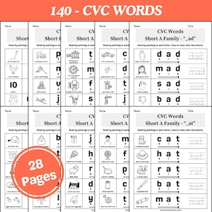 May include: Educational workbook with 28 pages of CVC word practice. Features short vowel sounds, tracing, and colouring activities. Includes words like "dad," "cat," and "mat." The title reads "140 - CVC WORDS."