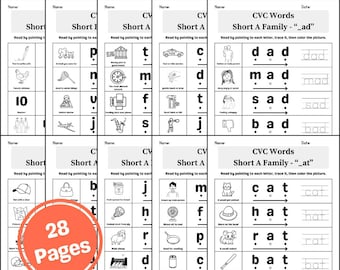 Arkusze ćwiczeń z rodzin wyrazów CVC: wczesne czytanie i fonetyka z obrazkami (pliki PDF do druku)