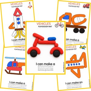 May include: A collection of five educational playdough mats featuring vehicle themes including a rocket, cement truck, helicopter, aeroplane, and a central bicycle mat. Each white rectangular card displays a vehicle outline, the text VEHICLES PLAYDOUGH MAT, and a tracing line with the vehicle name.