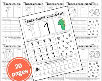 Puede incluir: Un conjunto de 20 páginas para trazar y colorear los números del 1 al 20. Cada página presenta un número para trazar, colorear y rodear. Las páginas incluyen un gráfico de dinosaurio y el texto "cleverlittlebrains.com".
