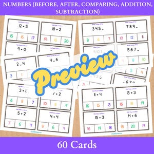 Può includere: Un set di 60 carte colorate con problemi di matematica per bambini. Le carte presentano addizioni, sottrazioni, numeri prima, dopo e confronti. Le carte sono progettate per aiutare i bambini ad imparare le abilità matematiche di base.