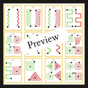 May include: A set of 10 printable dot-to-dot activity sheets for kids. Each sheet features a different shape or design in green and red, with black dots to connect.