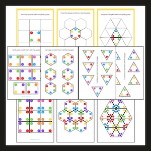 May include: A printable worksheet for children to practise matching shapes. The worksheet includes squares, hexagons, and triangles. The shapes are outlined in black and have colourful dots inside. The text on the worksheet says "Place the squares with the matching sides", "Place the hexagons with the matching sides", and "Place the triangles with the matching sides".