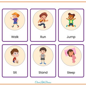 May include: A colorful chart with six illustrated images of children performing different actions: walking, running, jumping, sitting, standing, and sleeping. Each image is surrounded by a white circle and a purple border. The words "Walk", "Run", "Jump", "Sit", "Stand", and "Sleep" are written below each image.