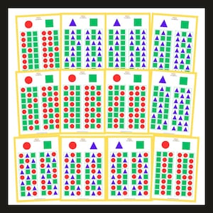 May include: A set of 12 printable worksheets for children to practise counting and number recognition. Each worksheet features a different combination of red circles, green squares, and blue triangles.