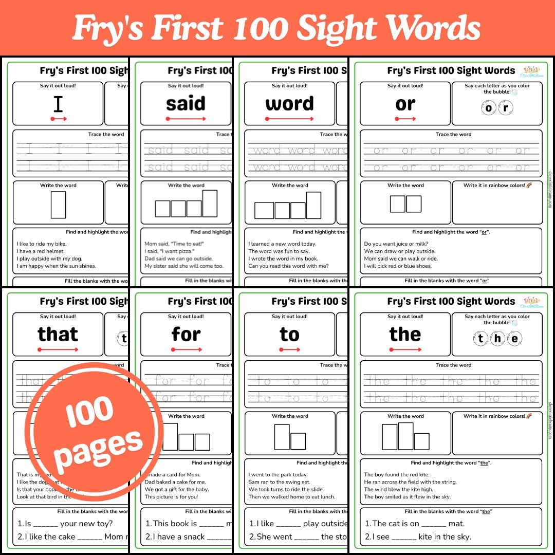 Fry's First 100 Sight Words Worksheets: Early Literacy Activities (PDF ...